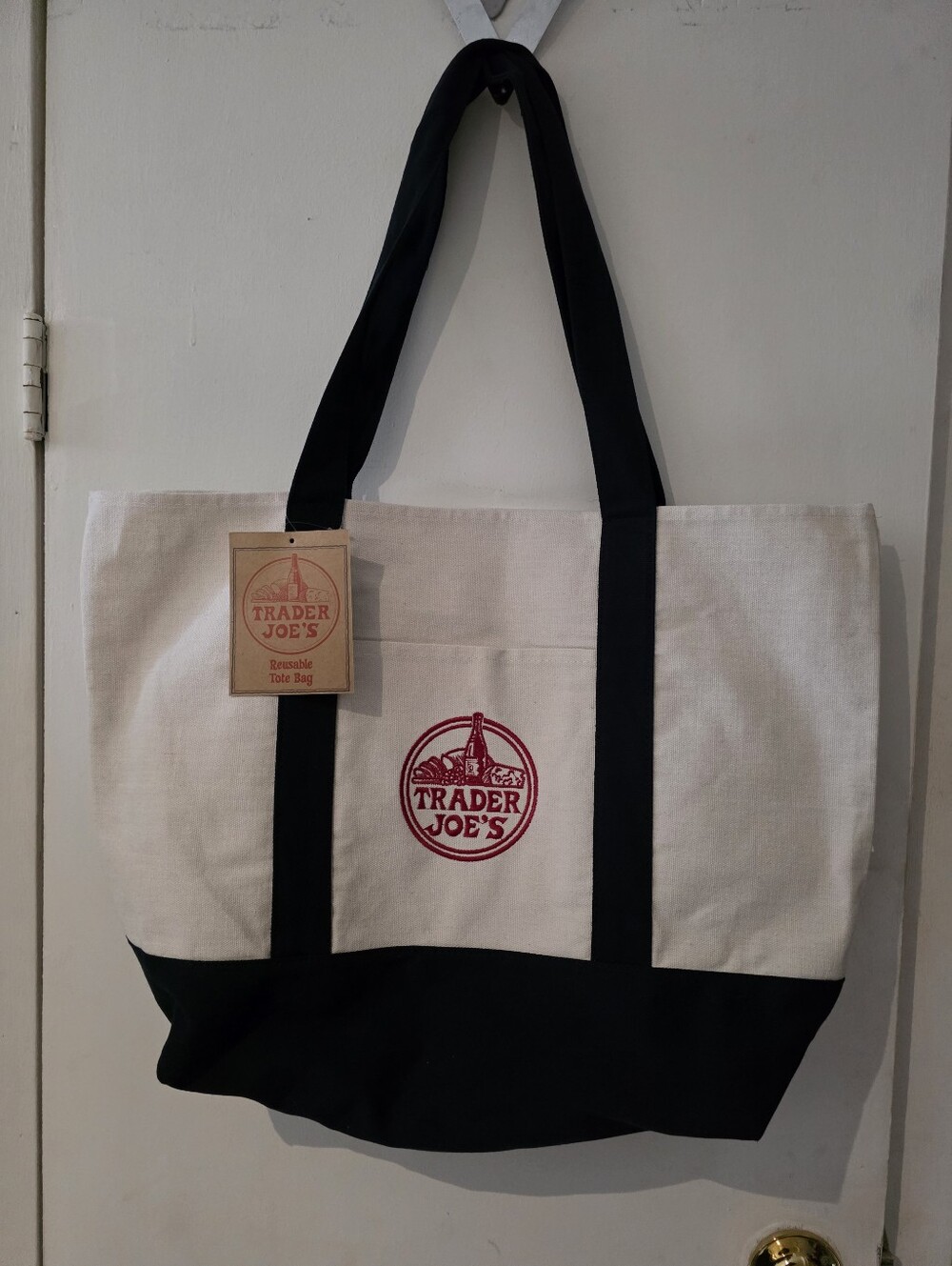 Traders Joe Canvas Tote Bag in Natural and Dark Blue with Red Embroidered Logo